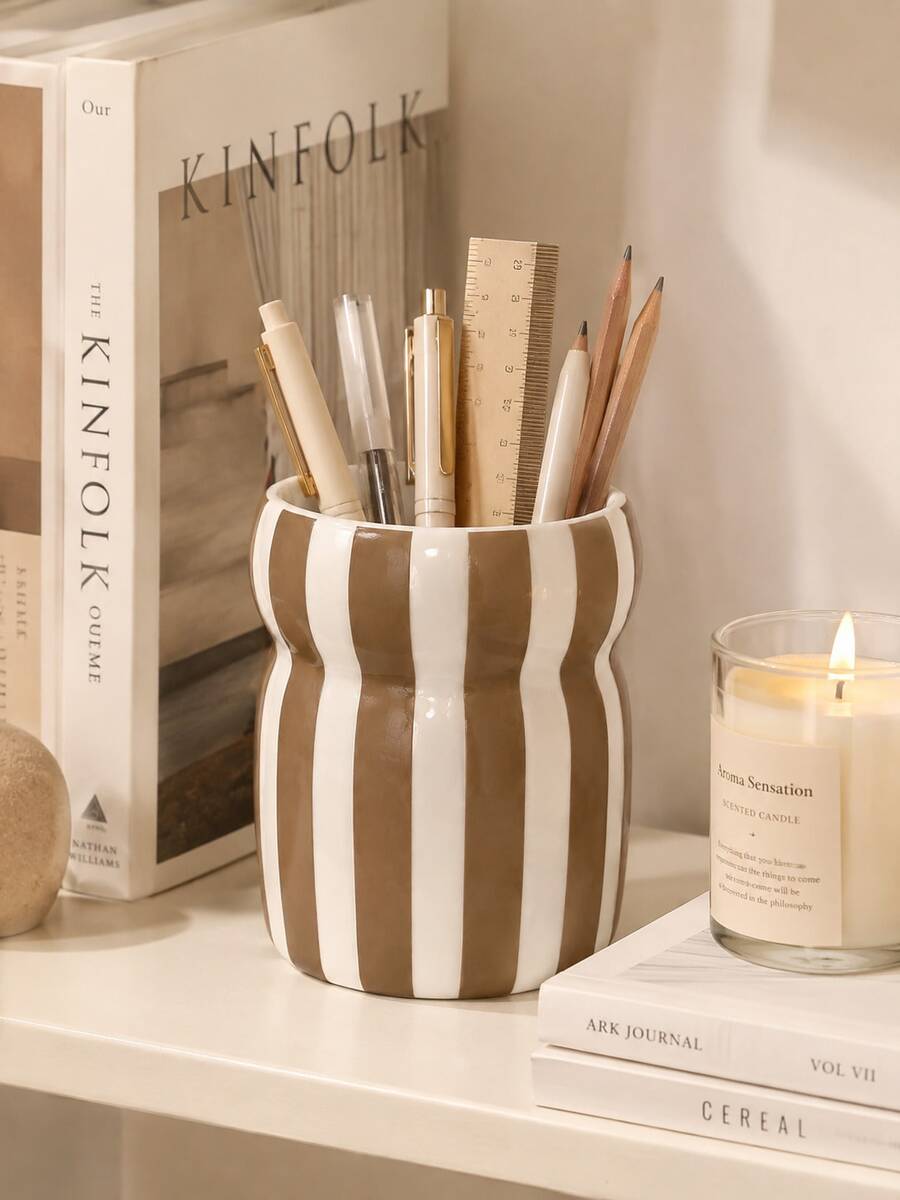 1pc Large Capacity Striped Pen Holder, Wavy Desk Organizer, Multifunctional Makeup Brush Cup, Multicolor Desktop Storage For Office Home, Cute Table Decor Gift - Waist-cinching Striped Pencil Holder - View 1