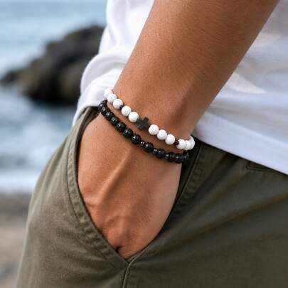 2PCS Casual Natural Volcanic Stone Black & White Beaded Cross Bracelet Set 18.5cm For Daily Wear
