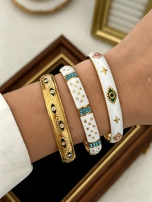 Open Cuff Bangle Set With Evil Eye Enamel And Rhinestone Decor, Bohemian Vintage Bracelet, Suitable For Daily Wear, Holiday Travel And Party Occasions, Stackable Design For Versatile Styling, Popular Fashion Accessory, Perfect For Anniversary And Holiday Gifts - Yellow Gold - View 8