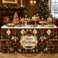 Christmas Table Skirt, Luxury Polyester Table Cover With Nutcracker Soldier, Merry Christmas Lettering, Argyle Pattern, Christmas Ornament And Holiday Garland Design, Elegant Vintage Dinner Party Home Decor - A - View 8