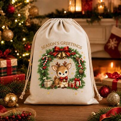 Christmas Reindeer Wreath Theme Drawstring Gift Bag, Simple Drawstring Design For Easy Opening And Closing, Elegant And Warm Pattern Colors, Suitable For Christmas Gifts, Holiday Gift Packaging, Party Favors, Home Christmas Decor, Holiday Gift Exchange, Full Of Vintage Holiday Atmosphere, Giving Every Gift A Stylish Packaging