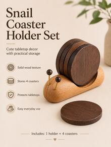5Pcs Round Wooden Coasters With Snail-Shaped Holder, Rustic Wood Drink Coaster Set, Stackable Cup Mats For Coffee Tea Mugs, Farmhouse Living Room Home Decor, Coffee Table Accessories, Kitchen Decor, Housewarming & Christmas Gift - Multicolor - View 9