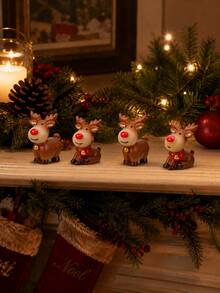 Christmas Mini Reindeer Figurine Set, Cute Red Nose Deer Desktop Decor, Winter Snow Scene Fireplace Mantel, Desk, Gift Box, Terrarium, Holiday Party, Home And Christmas Village Decoration - Multicolor - View 5