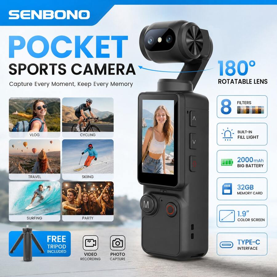 Kamera Saku Perekam Video HD SENBONO - Baterai 2000mAh, Layar 1,9 Inci yang Dapat Diputar 180°, Webcam, Port Pengisian Daya USB-C, Kamera Kompak Audio-Video Mini, Kamera Olahraga Luar Ruangan, Cocok untuk Olahraga Luar Ruangan, Bersepeda, Perjalanan, dan Adegan Lainnya - View 1