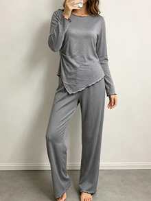 Grey Contrast Color Frill Trim Asymmetrical Diagonal Hem Long Sleeve Top & Wide Leg Pants 2 Pieces Set, Minimalist Casual Loungewear Pajama Set - Multicolor - View 1