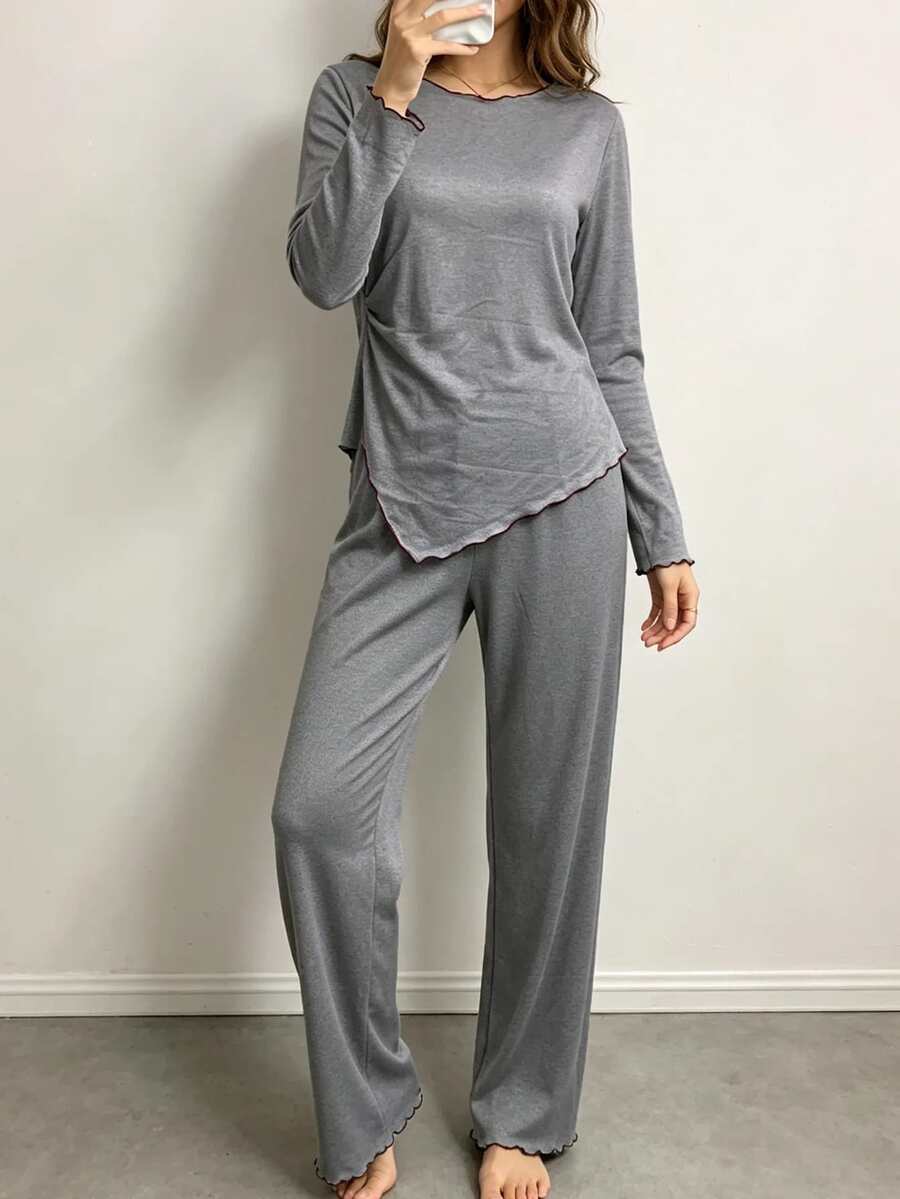 Grey Contrast Color Frill Trim Asymmetrical Diagonal Hem Long Sleeve Top & Wide Leg Pants 2 Pieces Set, Minimalist Casual Loungewear Pajama Set - Multicolor - View 1