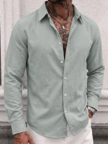 Men's Casual Versatile Solid Color Comfortable Long Sleeve Shirt, Suitable For Daily Wear, Holiday Gift, Bamboo Fiber Solid Color Commute, Skin-Friendly Breathable Casual Style - Mint Green - View 4