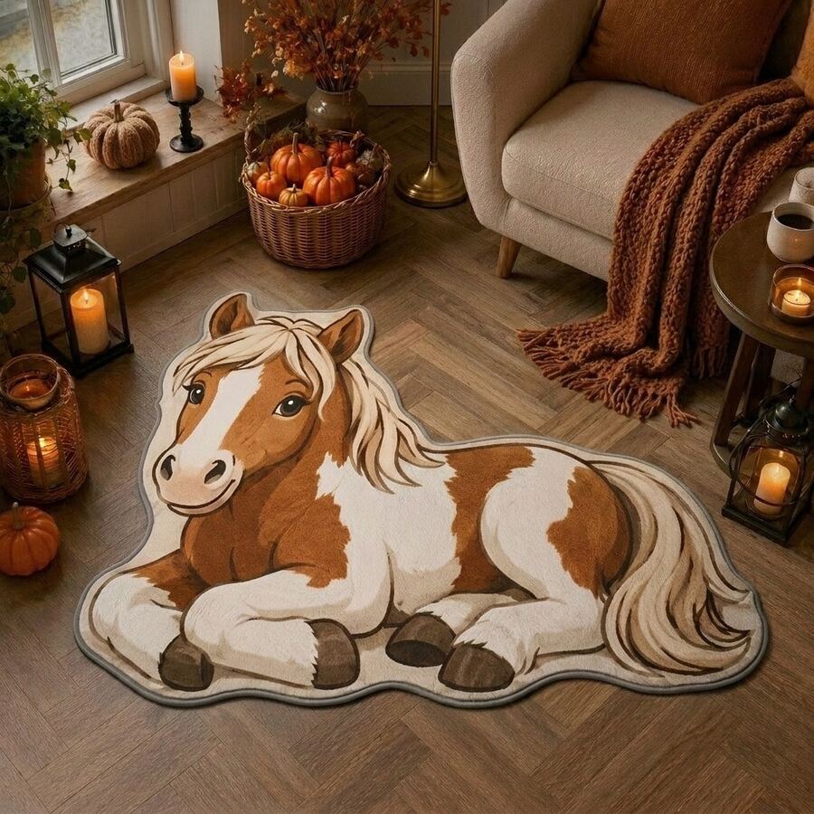 1pc Brown Pony Shaped Pattern Rug, 1-5cm Cutting Error, Soft Touch, Pet Lover Gift, Decorative Rug, Bedroom Decor, Small Rug, Rug, Home Decor, Living Room Rug, Bedroom Rug, Washable Rug - Multicolor - View 1