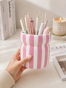 1pc Large Capacity Striped Pen Holder, Wavy Desk Organizer, Multifunctional Makeup Brush Cup, Multicolor Desktop Storage For Office Home, Cute Table Decor Gift - Waist-cinching Striped Pencil Holder - View 9