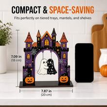 1pc 7.09" Interactive Swinging Ghost Halloween Castle Wooden Decor, 2D Flat Shatter-Proof Interlocking Assembly, Cute Ghost Couple Figurine, Suitable For Tiered Tray And Desktop, Sturdy Holiday Gift - Castle Double Ghost - View 9