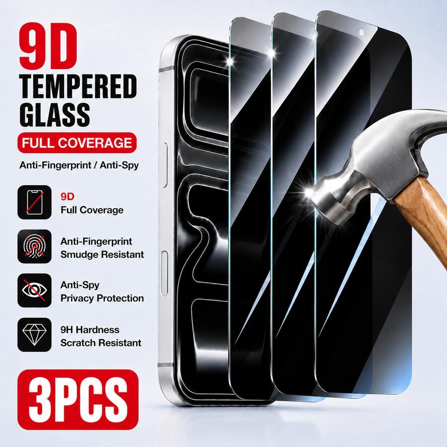 3 buah Pelindung Layar Kaca Tempered Ultra HD 9H, Kompatibel dengan iPhone 17 Pro Max/Air/16/15/14/13/12/11 Pro Max/XR/X/XS Max Plus, Perlindungan Kaca Premium Anti-Intip Cakupan Penuh, Pengalaman Tampilan Jernih, Lapisan Oleofobik Anti-Sidik Jari, Permukaan Tahan Gores, Bingkai Pemasangan Otomatis Bebas Gelembung, Sensitivitas Sentuhan Halus, Kompatibel dengan Desain Casing Ponsel - 3 buah - View 1