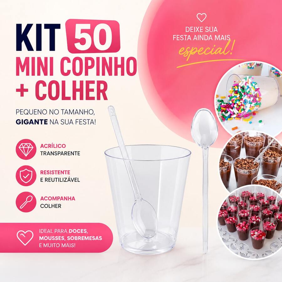Kit 100 Mini Copinho 25ml 100 Mini Colher Acrílico Cristal Festa Aniversário Brigadeiro Mouse Doce - Visão 1
