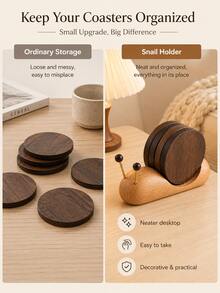 5Pcs Round Wooden Coasters With Snail-Shaped Holder, Rustic Wood Drink Coaster Set, Stackable Cup Mats For Coffee Tea Mugs, Farmhouse Living Room Home Decor, Coffee Table Accessories, Kitchen Decor, Housewarming & Christmas Gift - Multicolor - View 5