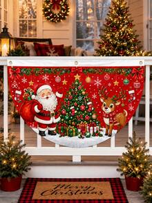 Christmas Santa Claus Reindeer Half-Circle Porch Banner, Christmas Tree Gift Snowflake Hanging Flag, Christmas Window Railing Decoration, Suitable For Front Porch Door Indoor Outdoor Holiday Home Party Decor - E - View 7