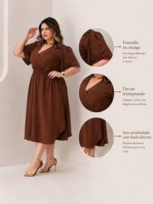 Duna Women's Plus Size Midi Wrap Dress With Short Sleeves - 鏽棕色 - 查看 2