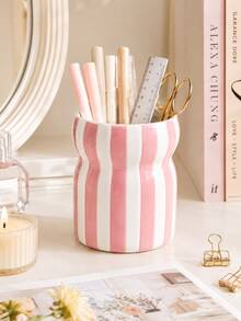 1pc Large Capacity Ins Style Striped Pen Holder, Wavy Desktop Organizer, Multifunctional Makeup Brush Storage Cup, Multicolor Desk Decor For Home Office - Waist-cinching Striped Storage - View 12
