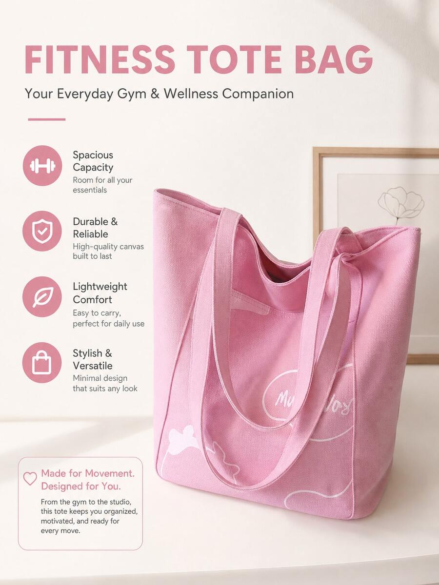 Pink Printed Canvas Fitness Tote Bag, Large Capacity Lightweight Durable, Shoulder Bag Minimalist Versatile Handbag, Fitness Shopping Commute Daily Multi-Use Women's Bag, Suitable For Fitness, Yoga Practice, Daily Commute And Multiple Scenarios - Multicolor - View 1
