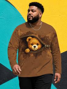 Men's Plus Size Cartoon Cute Fun Round Neck Long T-Shirt, Polyester Knit Fabric Comfortable Breathable, Fashion Street "Fun Zipper Bear" Pattern, Fun Design Fresh Series, Novel Personalized Top - Multicolor - View 1