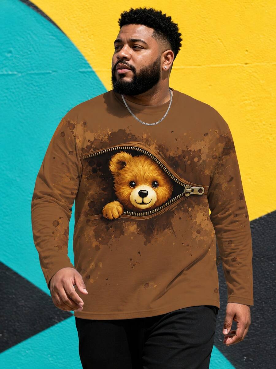 Men's Plus Size Cartoon Cute Fun Round Neck Long T-Shirt, Polyester Knit Fabric Comfortable Breathable, Fashion Street "Fun Zipper Bear" Pattern, Fun Design Fresh Series, Novel Personalized Top - Multicolor - View 1