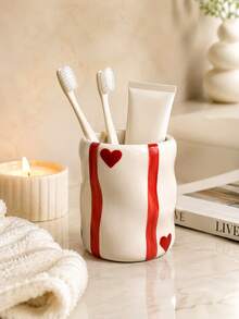 Cute Hand-Painted Red/Blue/Black Striped Resin Storage Box With Heart Decoration, Handmade Asymmetrical Wavy Texture, Multi-Purpose Bathroom And Desktop Organizer, Vanity Decor, Housewarming Gift - Heart Ripple Cup - View 5