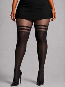 1 Pair Women's Black Fake Thigh High Stockings, Sexy Double Stripe Sheer Pantyhose, Suitable For Nightclub Wear - Black - View 8