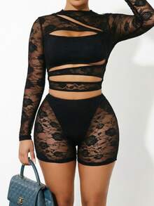 Women's Black Contrast Lace Cut Out Short Jumpsuit With Long Sleeves And Round Neckline Semi-Sheer Bodycon Fit - Black - View 8