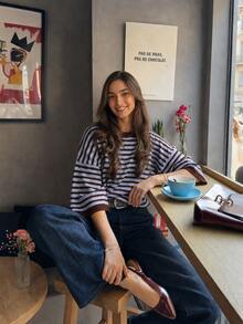 MORI 女款秋冬 Y2K 優雅可愛藍色與棕色條紋寬鬆短袖針織套頭毛衣，休閒派對與外出穿搭秋季 - 藍色拼卡色 - 查看 4