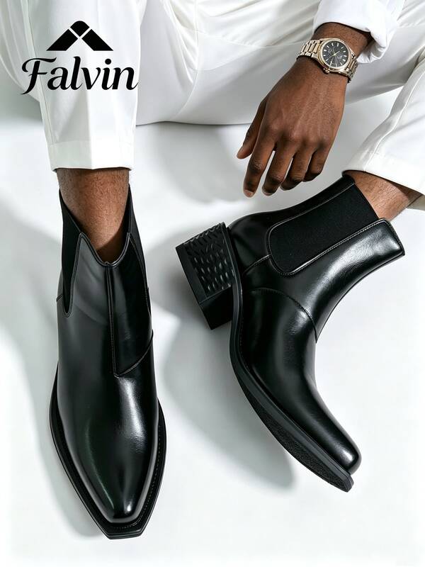 Men's High-Top Leather Riding Boots, Pointed Toe Chelsea Boots, Slip-On Elastic Ankle Boots, Chunky Heel Business Party Casual Ankle Boots, Vintage High Heel Black Versatile Men's Boots, PU Leather
