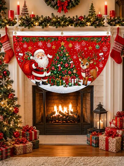 Christmas Santa Claus Reindeer Half-Circle Porch Banner, Christmas Tree Gift Snowflake Hanging Flag, Christmas Window Railing Decoration, Suitable For Front Porch Door Indoor Outdoor Holiday Home Party Decor