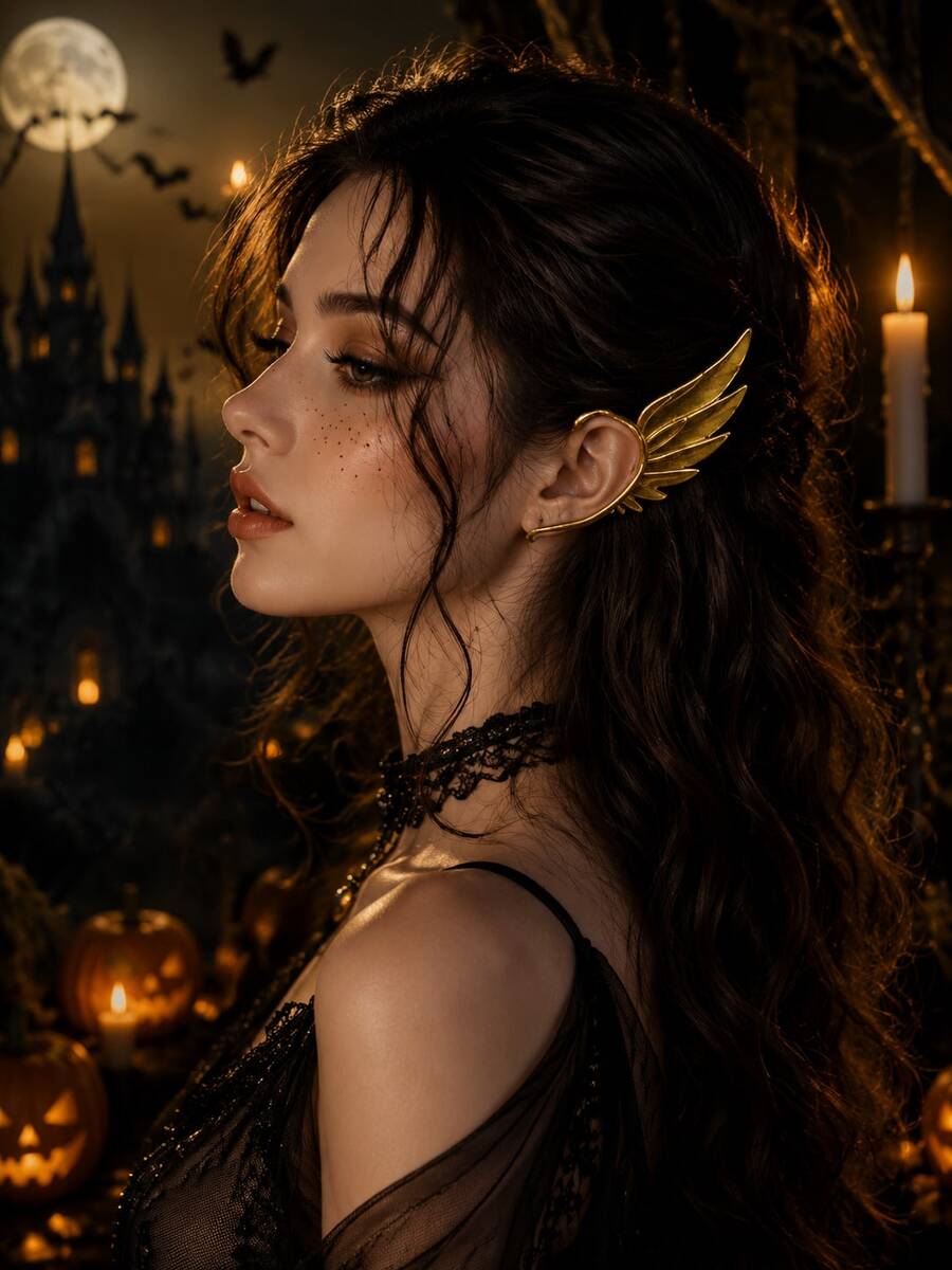 Halloween Gold Elf Ear Clips, Fantasy Wing Earrings, Gothic Fairy Cosplay Women's Costume Jewelry - Multicolor - View 1