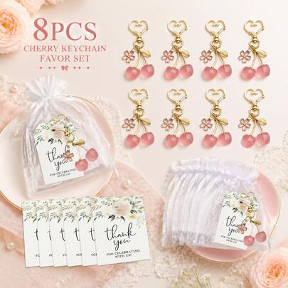 24pcs Pink Cherry Blossom Keychain Pendant Set - Includes 8 Keychains, 8 Gift Bags And 8 Thank You Cards. This Is A Multi-Functional Fruit Theme Party Gift, Suitable For Birthday, Wedding, Bride, Thanksgiving, Gender Reveal Party, Fruit Keychain, Teacher Appreciation Gift, Wholesale Items, Mini Accessories, Mother's Day Gift, Bridesmaid/Groomsman Gift, Bachelorette Party Gift, Birthday Gift, Graduation Gift, Mother's Day, Teacher's Day Gift, Travel Essentials, Home Decor