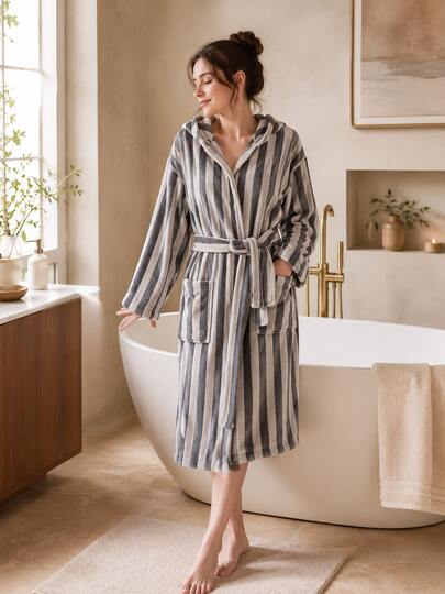 1 pieza Nueva bata de baño de algodón de lujo vintage minimalista, diseño de tablero de ajedrez & rayas verticales, uso en hotel & hogar, estilo largo unisex
