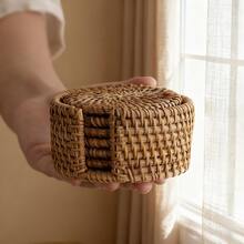 1/6pcs Handmade Rattan Coasters - Autumn Vine Pattern, Heat-Resistant Kitchen & Dining Coasters, Wooden Tea Set Storage Accessories, With 1 Woven Storage Accessory, Designed For Kung Fu Tea, Can Be Used As Heat Insulation Pads, Great Home Gift - Brown - View 10