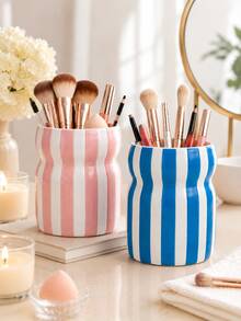 1pc Large Capacity Striped Makeup Brush Holder, Wavy Cosmetic Pen Cup, Multicolor Desktop Storage Organizer For Vanity Bathroom, Big Capacity Table Container Home Decor Gift - Waist-cinching Striped Storage - View 9