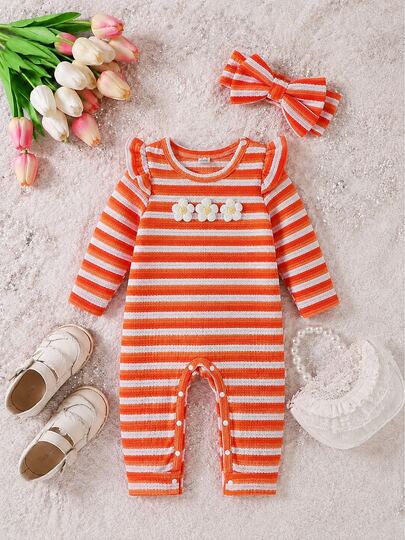 Baby Girl Autumn/Winter New Orange & White Striped 3D Floral Jumpsuit With Flutter Sleeves Long Sleeves And Headband 2-Piece Set Casual Fashion Home Party Gift Photo