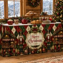 Christmas Table Skirt, Luxury Polyester Table Cover With Nutcracker Soldier, Merry Christmas Lettering, Argyle Pattern, Christmas Ornament And Holiday Garland Design, Elegant Vintage Dinner Party Home Decor - A - View 5