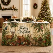 Taplak Meja Natal Klasik, Taplak Meja Tema Rusa Hutan Pedesaan dengan Tulisan Selamat Natal, Motif Ranting Pinus, Daun Holly, dan Buah Beri, Taplak Meja Poliester, Dekorasi Rumah untuk Pesta Makan Malam Liburan - A - View 3