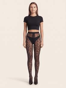 1pc Women 20D Leopard Jacquard Pattern Sheer Nylon Blend Stretchy Slim Fit Sexy Fashion Pantyhose For Daily Date Night - Black - View 1