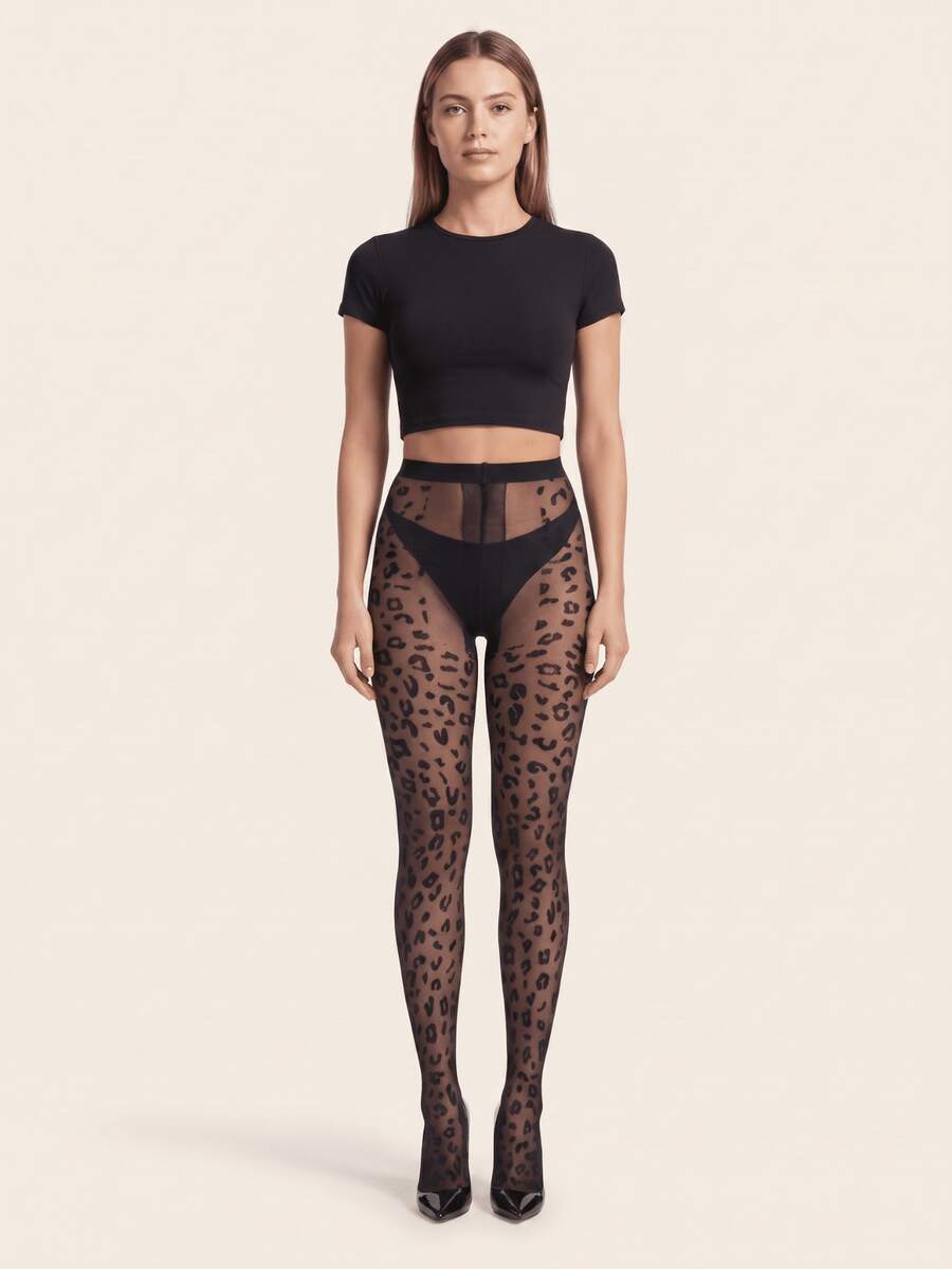 1pc Women 20D Leopard Jacquard Pattern Sheer Nylon Blend Stretchy Slim Fit Sexy Fashion Pantyhose For Daily Date Night - Black - View 1