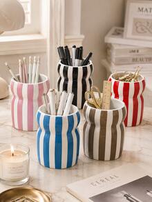 1pc Large Capacity Striped Pen Holder, Wavy Desk Organizer, Multifunctional Makeup Brush Cup, Multicolor Desktop Storage For Office Home, Cute Table Decor Gift - Waist-cinching Striped Pencil Holder - View 2