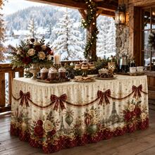 Luxury Christmas Table Skirt, Elegant Polyester Tablecloth With Burgundy Bow Ribbon, Vintage Rose Floral Print, Gold Star Pattern, Eiffel Tower Design, European Style Holiday Decor, Suitable For Christmas Dinner Party Home Decoration - A - View 6