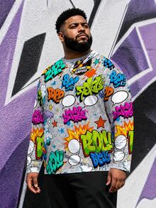 Men's Plus Size Cartoon Cute Funny Crew Neck Long Sleeve T-Shirt, Polyester Knit Fabric Comfortable And Breathable, Fashionable Streetwear "Animation Graffiti" Pattern, Funny Design Fresh Series, Novel Personalized Top - Grey - View 1