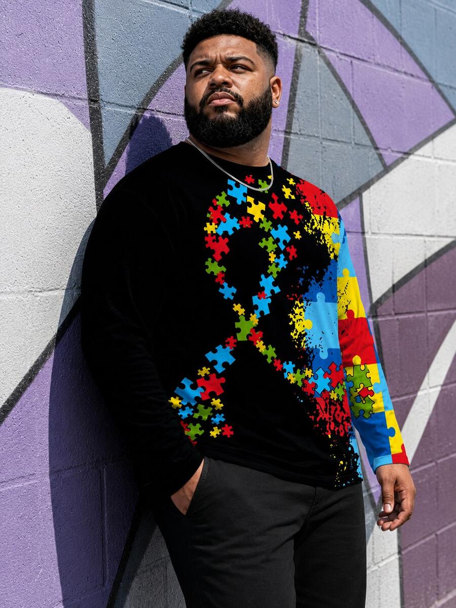 Men's Plus Size Cartoon Cute Funny Crew Neck Long Sleeve T-Shirt, Polyester Knit Fabric Comfortable Breathable, Fashionable Streetwear "Graffiti Block Patchwork" Pattern, Novelty Design Fresh Series, Unique Personalized Top - Black - View 1