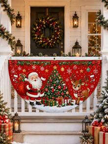 Christmas Santa Claus Reindeer Half-Circle Porch Banner, Christmas Tree Gift Snowflake Hanging Flag, Christmas Window Railing Decoration, Suitable For Front Porch Door Indoor Outdoor Holiday Home Party Decor - E - View 4