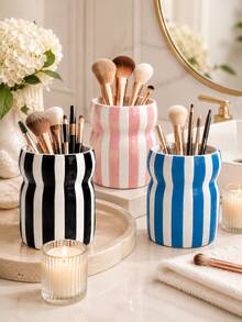 1pc Large Capacity Striped Makeup Brush Holder, Wavy Cosmetic Pen Cup, Multicolor Desktop Storage Organizer For Vanity Bathroom, Big Capacity Table Container Home Decor Gift - Waist-cinching Striped Storage - View 5