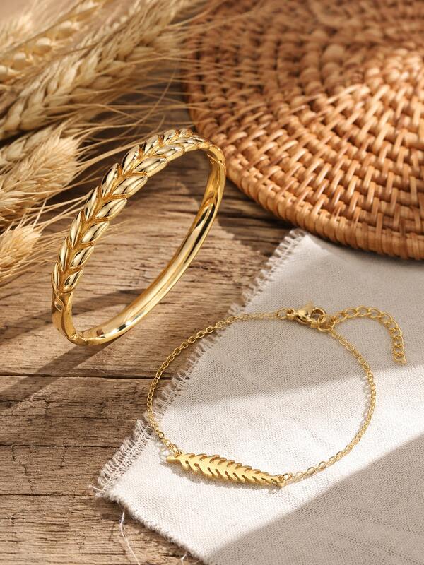Elegant Wheat Leaf Embossed Gold Bracelet, Waterproof Stainless Steel Hinged Open Bangle, Minimalist Lucky Symbol Stackable Jewelry Gift For Her