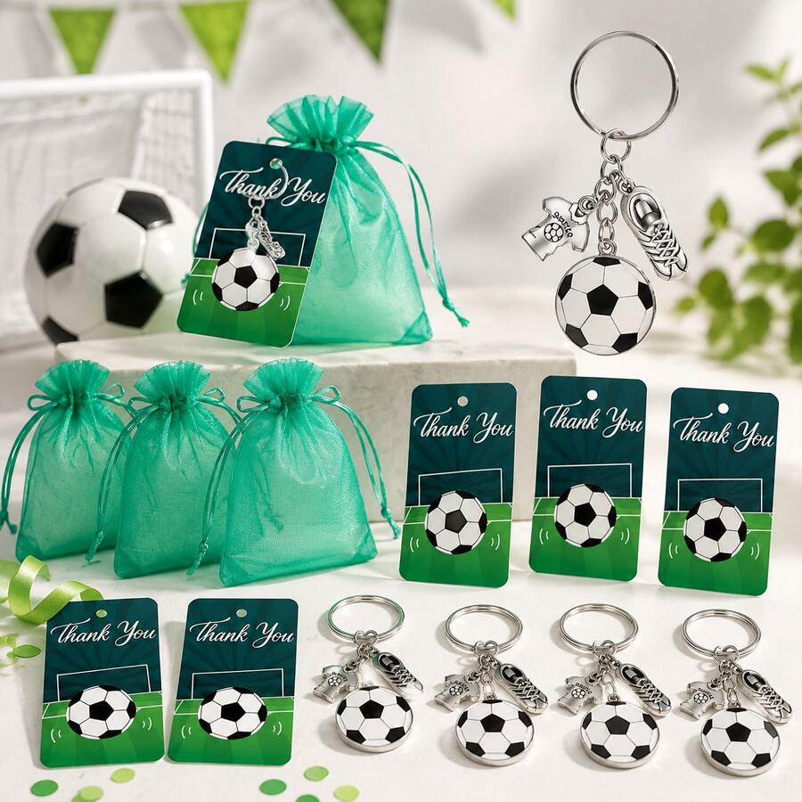 12PCS Soccer Keychain Set 3 In 1 Multi Charm Alloy Metal Sport Style Football Pattern Green Organza Bag Round Ball Jersey Shoe With Thank You Card Keyring Party Favor Birthday Team Event Match Day Gift - Metal Soccer Card Keychain - View 1