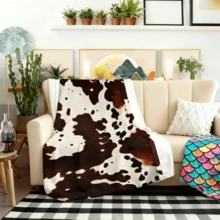 1PC Brown & White Cow Print Blanket, Animal Fur Texture Throw, Vintage Style Home Sofa Decorative Blanket - Multicolor - View 9