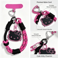 1 buah Tali Gantungan Ponsel Hello Kitty Hitam & Merah Muda, Gantungan Hello Kitty Sanrio, Tali Pergelangan Tangan Anyaman Buatan Tangan yang Dapat Diatur, Dengan Pembatas Ponsel dan Gantungan Kunci, Aksesori Anti-Hilang untuk Pecinta Mobil - Tali gantung - View 2