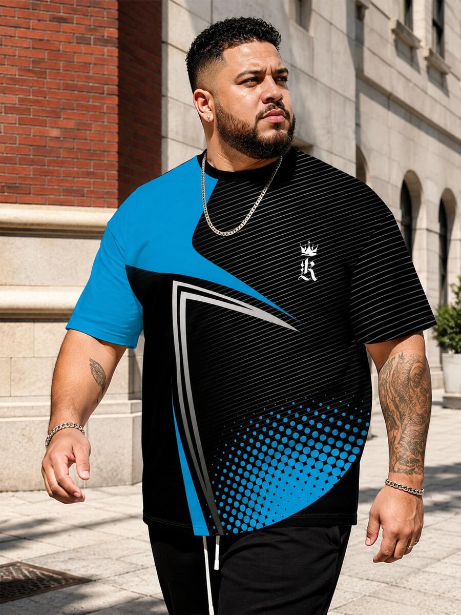 Plus Size Big & Tall Black & Blue Colorblock Geometric Lines & Polka Dot Textured Streetwear Tech Vibe T-Shirt With Crown R Luxury Logo Loose Fit Short Sleeve Top Summer Sports - Blue - View 1